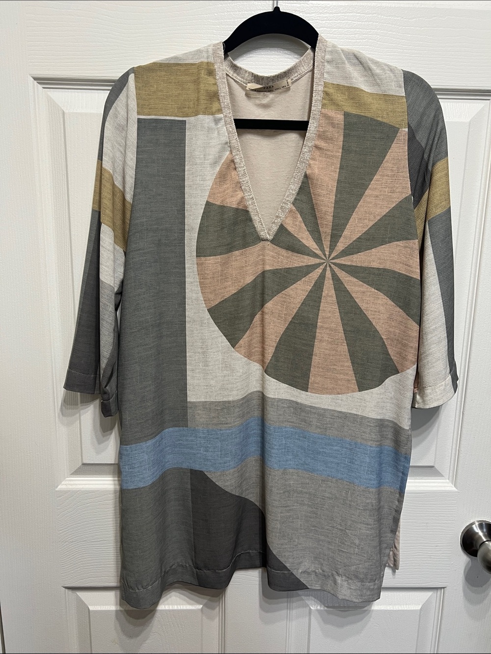 Zara Multicolor Geometric V-Neck Tunic — Gray, Blue, Olive, Beige
